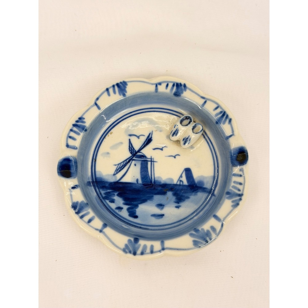 Vintage Delft Blue Windmill Ceramic Ashtray with 3D Clogs Dutch Souvenir Dish